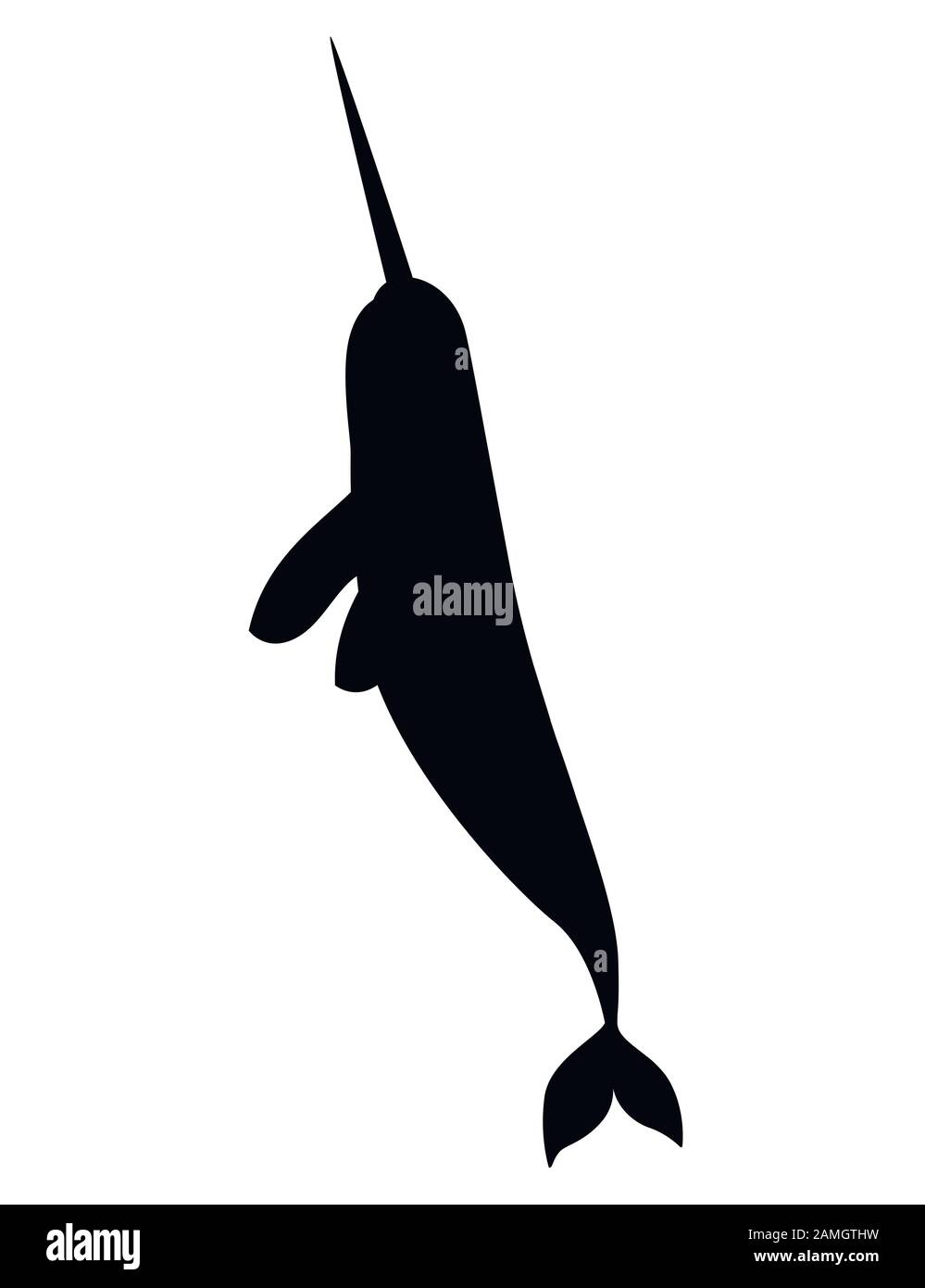 Silhouette nera narwhal(Monodon monoceros) balena dentata con tusk cartone animato disegno del personaggio piatto vettore illustrazione isolato su sfondo bianco Illustrazione Vettoriale