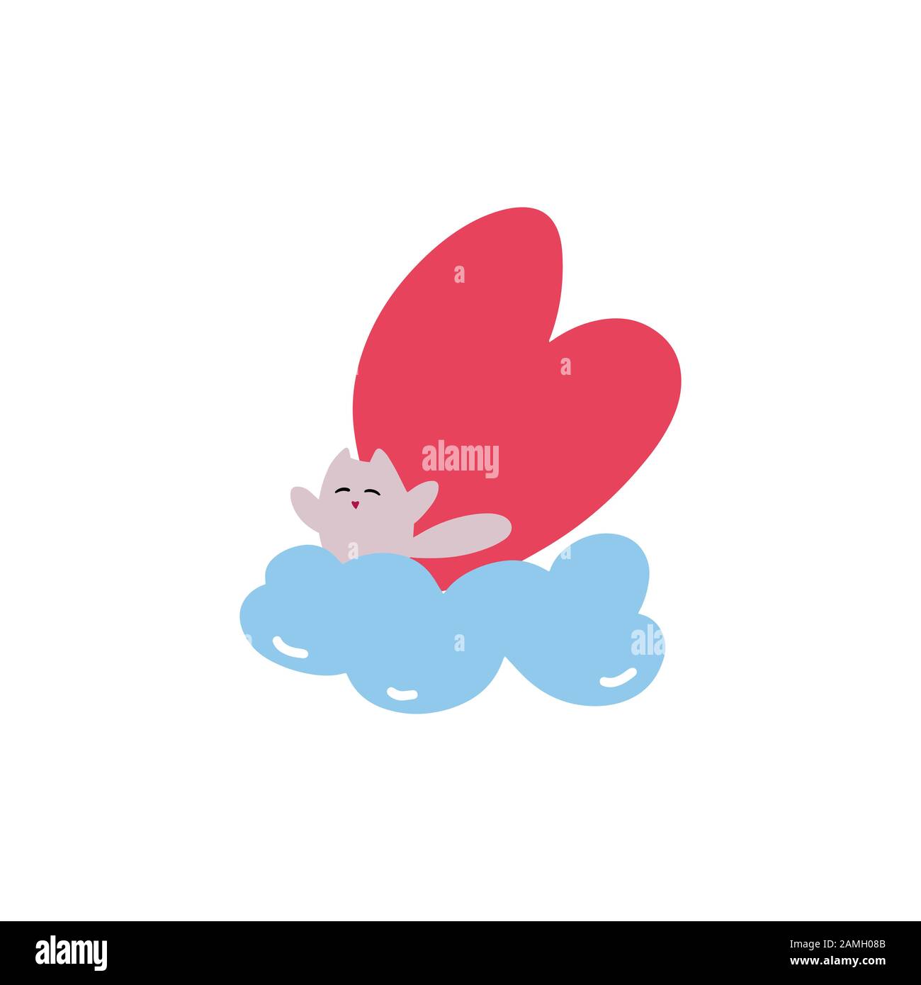 Gatto con cuore sulla nuvola blu. Biglietto d'auguri di San Valentino. Illustrazione vettoriale EPS 10. Illustrazione Vettoriale