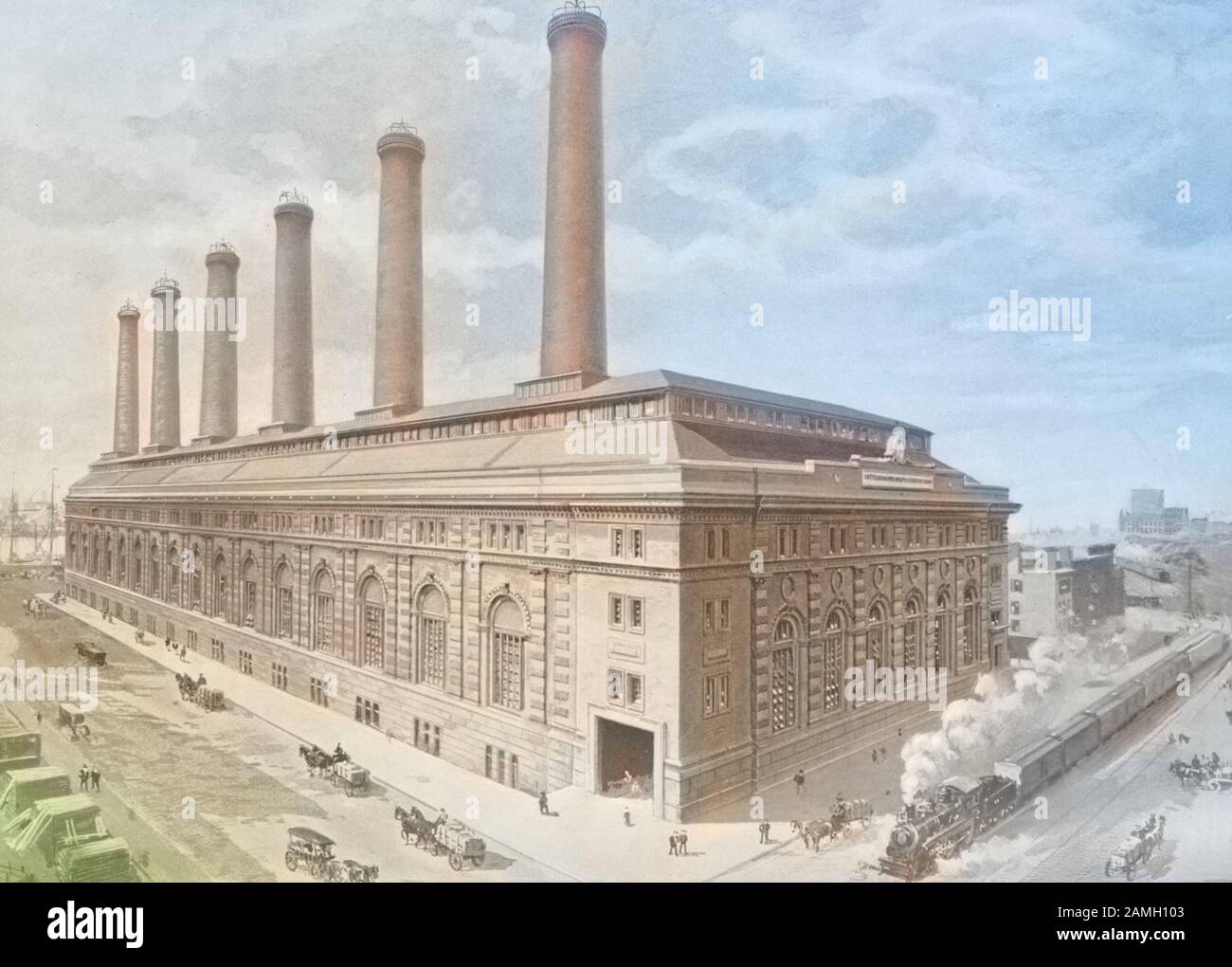 Illustrazione di una vista aerea della centrale elettrica di Interborough Rapid Transit Company, pubblicata dalla New York Interborough Rapid Transit Company, 1904. Dalla Biblioteca Pubblica Di New York. Nota: L'immagine è stata colorata digitalmente utilizzando un processo moderno. I colori potrebbero non essere precisi per il periodo. () Foto Stock