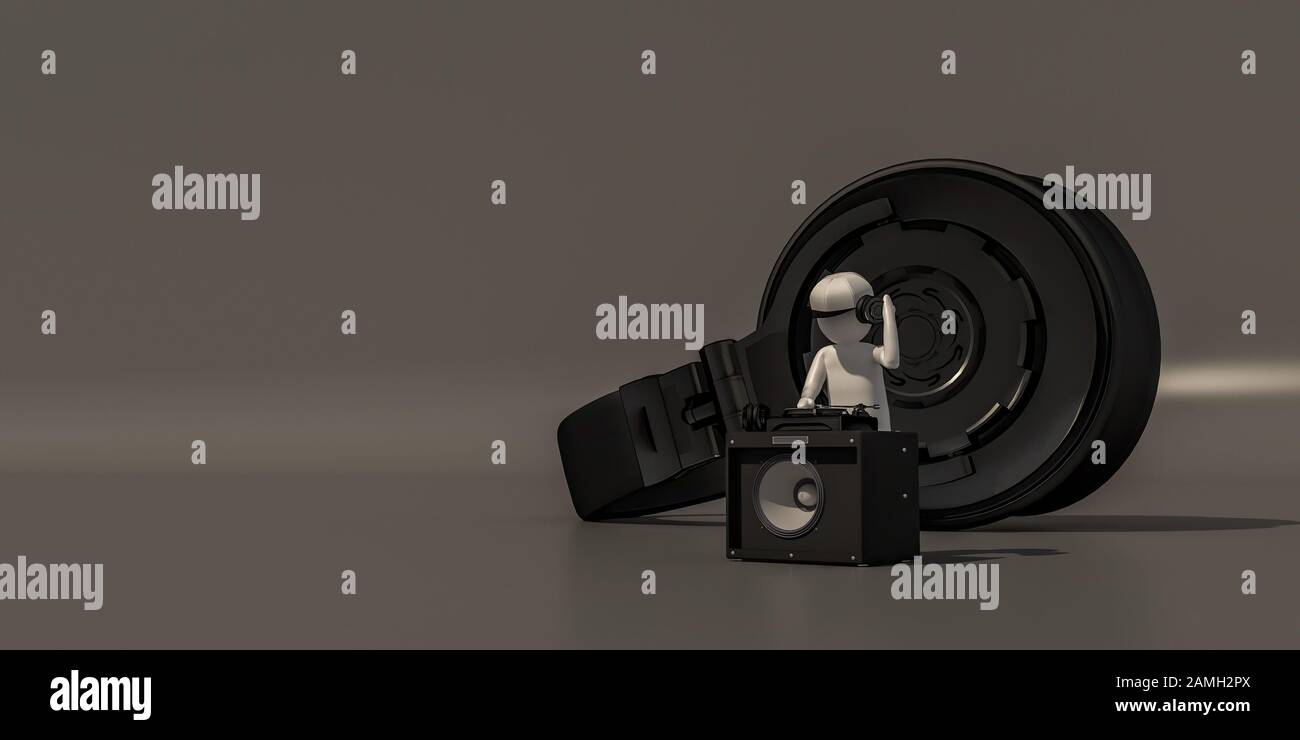 3D illustratore gruppo di musicisti di carriera su sfondo grigio, rendering 3d del lettore musicale. Include un percorso di selezione. Foto Stock