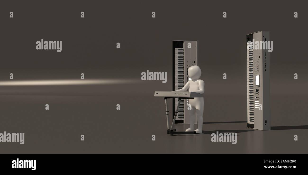 3D illustratore gruppo di musicisti di carriera su sfondo grigio, rendering 3d del lettore musicale. Include un percorso di selezione. Foto Stock