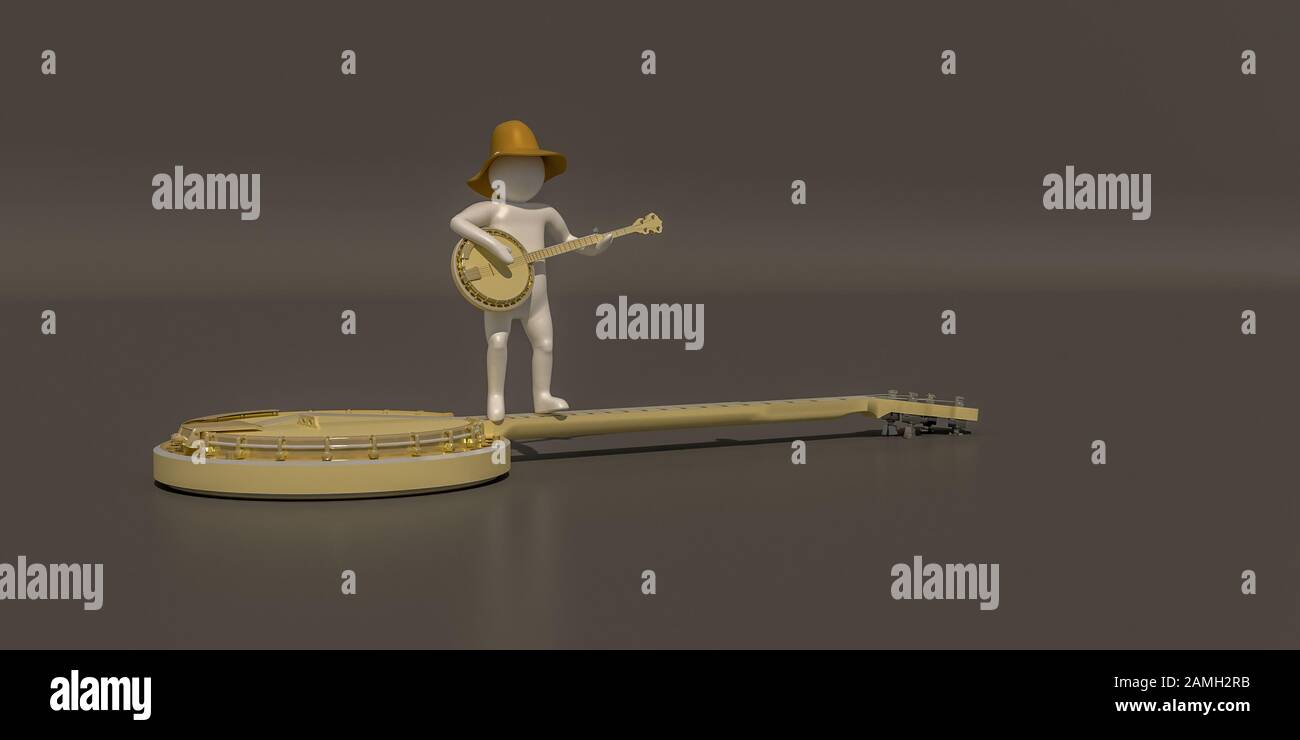 3D illustratore gruppo di musicisti di carriera su sfondo grigio, rendering 3d del lettore musicale. Include un percorso di selezione. Foto Stock