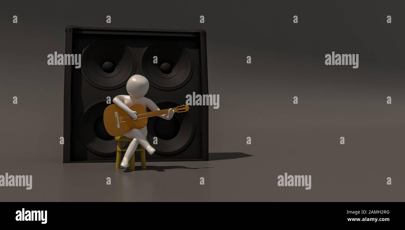 3D illustratore gruppo di musicisti di carriera su sfondo grigio, rendering 3d del lettore musicale. Include un percorso di selezione. Foto Stock