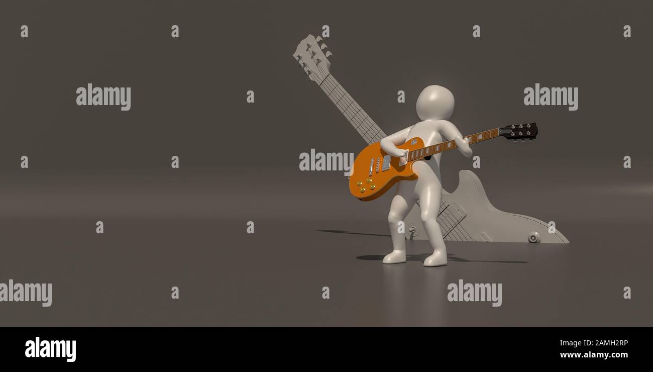 3D illustratore gruppo di musicisti di carriera su sfondo grigio, rendering 3d del lettore musicale. Include un percorso di selezione. Foto Stock