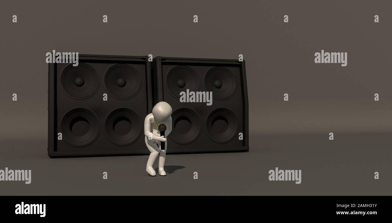 3D illustratore gruppo di musicisti di carriera su sfondo grigio, rendering 3d del lettore musicale. Include un percorso di selezione. Foto Stock