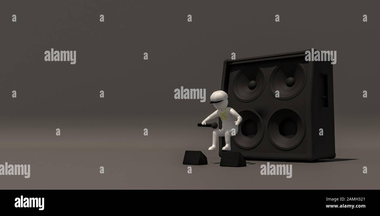 3D illustratore gruppo di musicisti di carriera su sfondo grigio, rendering 3d del lettore musicale. Include un percorso di selezione. Foto Stock