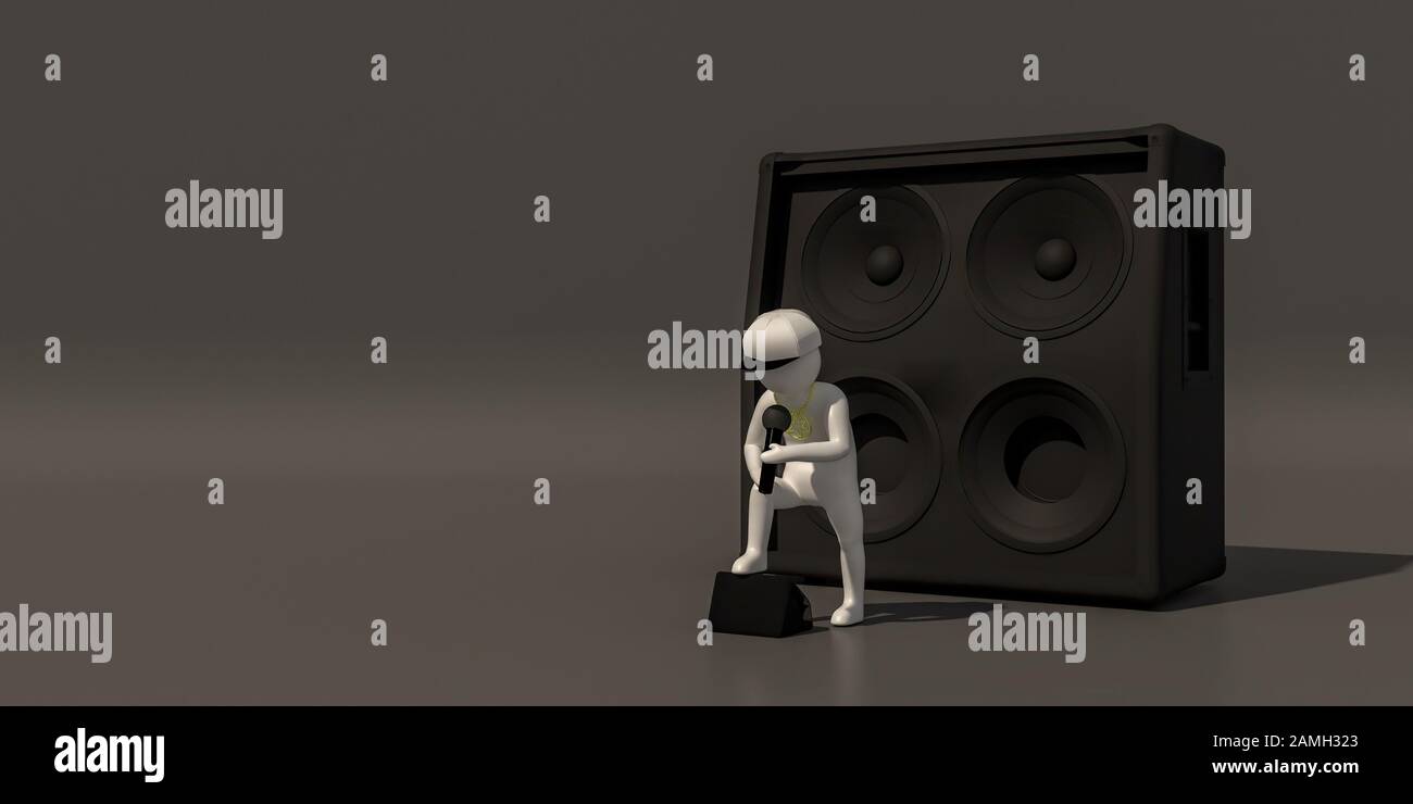 3D illustratore gruppo di musicisti di carriera su sfondo grigio, rendering 3d del lettore musicale. Include un percorso di selezione. Foto Stock