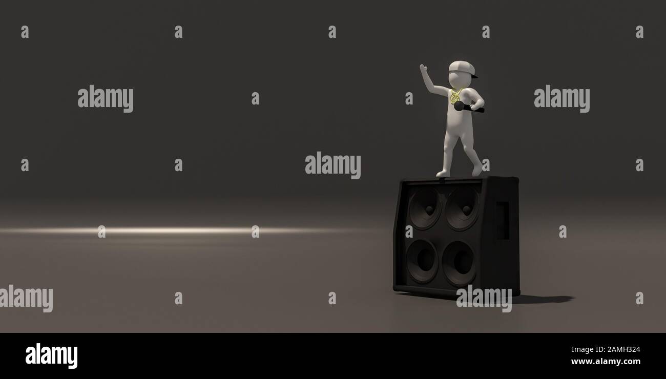 3D illustratore gruppo di musicisti di carriera su sfondo grigio, rendering 3d del lettore musicale. Include un percorso di selezione. Foto Stock