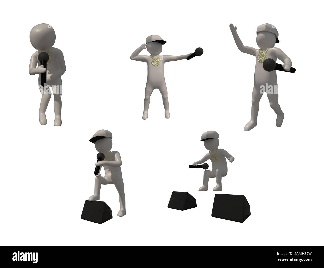 3D illustratore gruppo di musicisti di carriera su sfondo grigio, rendering 3d del lettore musicale. Include un percorso di selezione. Foto Stock