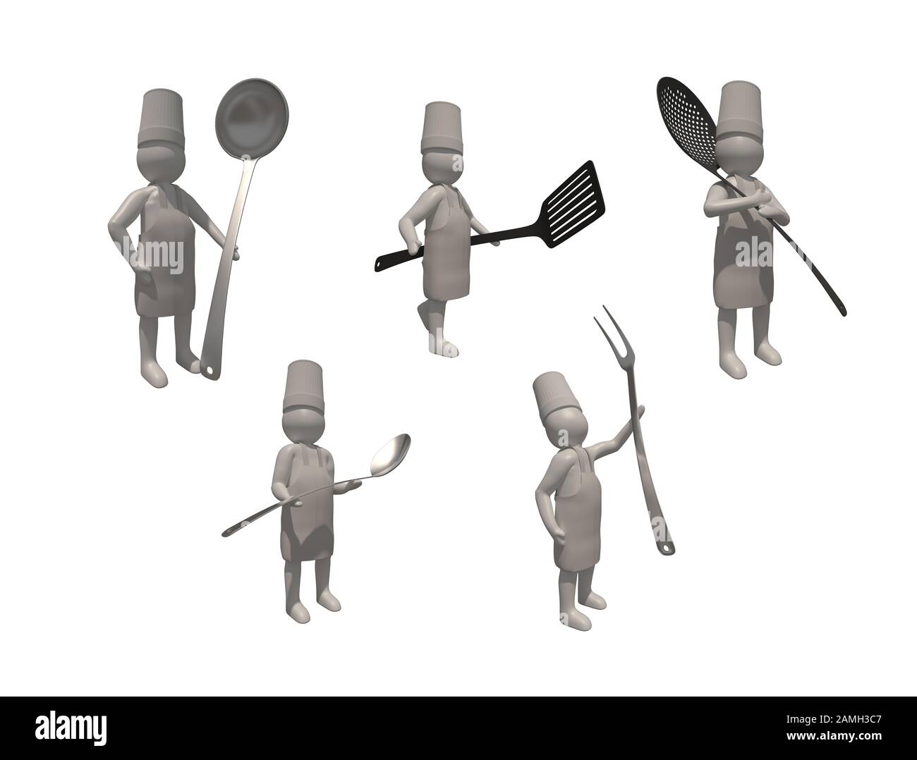 3d illustratore gruppo di carriera chef simboli su uno sfondo grigio, 3d rendering della cucina. Include un percorso di selezione. Foto Stock