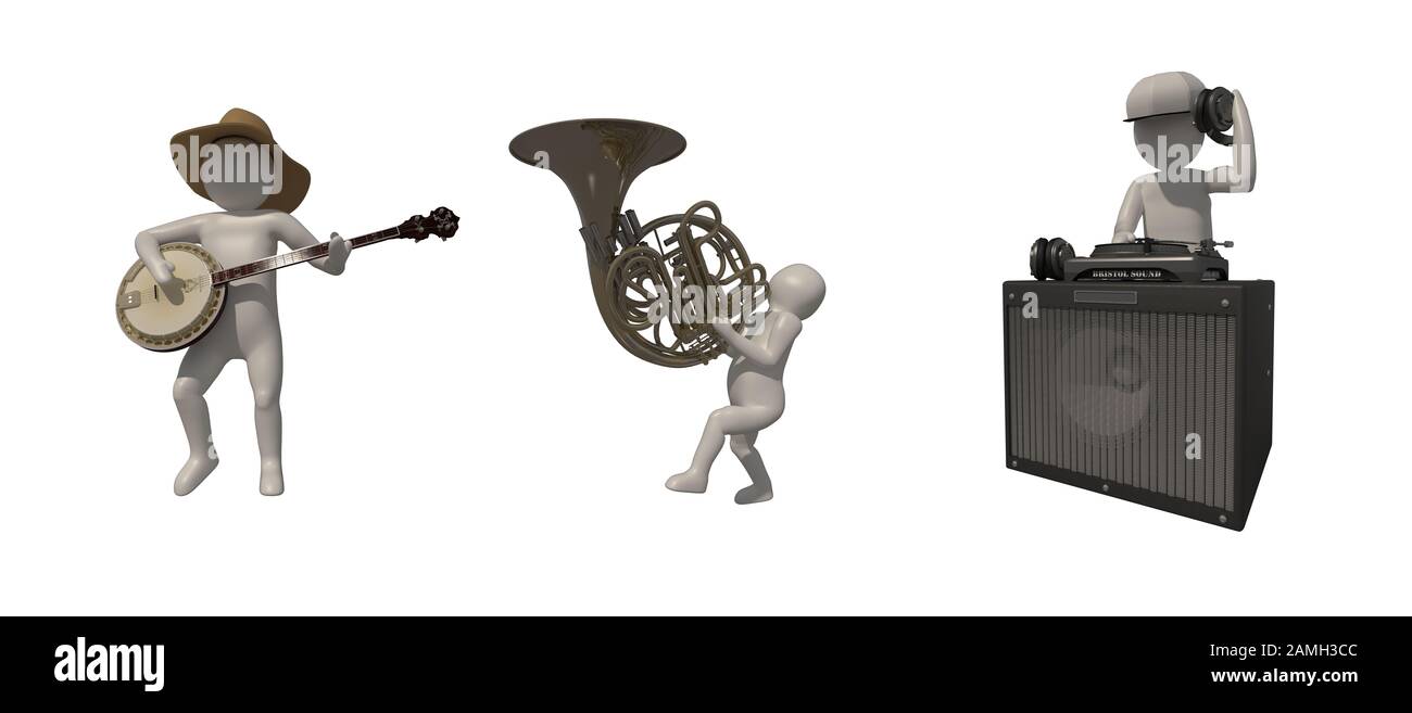 3D illustratore gruppo di musicisti di carriera su sfondo grigio, rendering 3d del lettore musicale. Include un percorso di selezione. Foto Stock