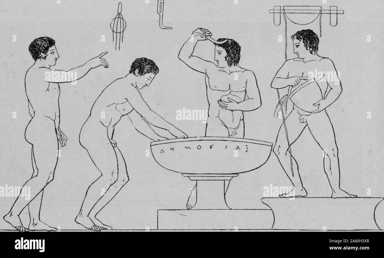 Illustrazione di un gruppo di giovani che bagnano in un bagno pubblico, dal libro 'Greek Athletic Sports and Festivals' dell'autore Norman E. Gardiner, pubblicato da Macmillan Co, 1910. Archivio Internet Gratuito. () Foto Stock