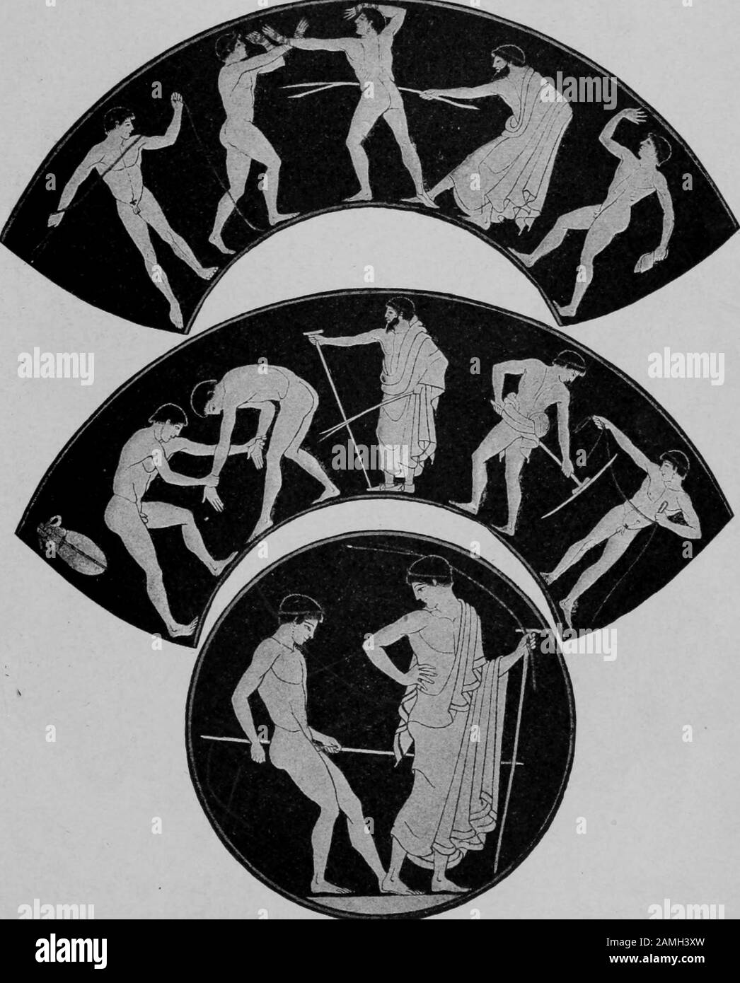 Illustrazione di giovani atleti impegnati in varie attività sportive, dal libro 'Greek Athletic Sports and Festivals' dell'autore Norman E. Gardiner, pubblicato da Macmillan Co, 1910. Archivio Internet Gratuito. () Foto Stock