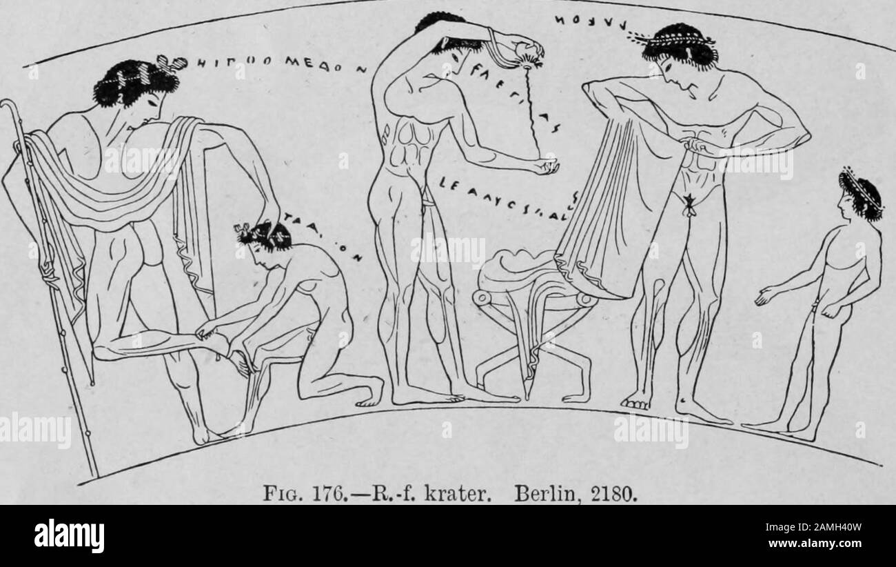 Illustrazione di un gruppo di giovani atleti che si preparano per un evento sportivo, dal libro 'Greek Athletic Sports and Festivals' dell'autore Norman E. Gardiner, pubblicato da Macmillan Co, 1910. Archivio Internet Gratuito. () Foto Stock