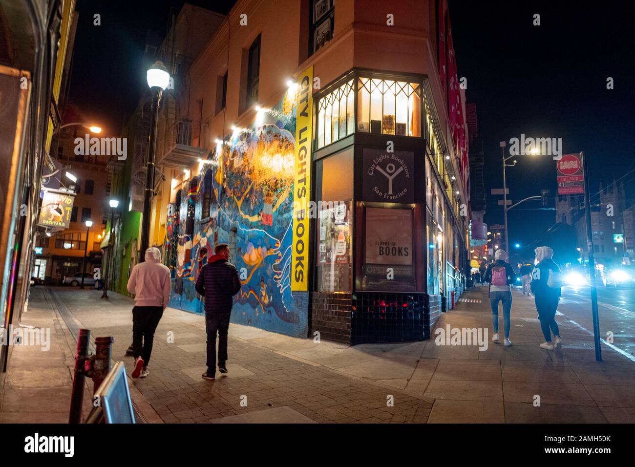 La gente cammina verso la facciata dell'iconica libreria City Lights nel quartiere Jackson Square di San Francisco, California, di notte, l'8 novembre 2019. () Foto Stock