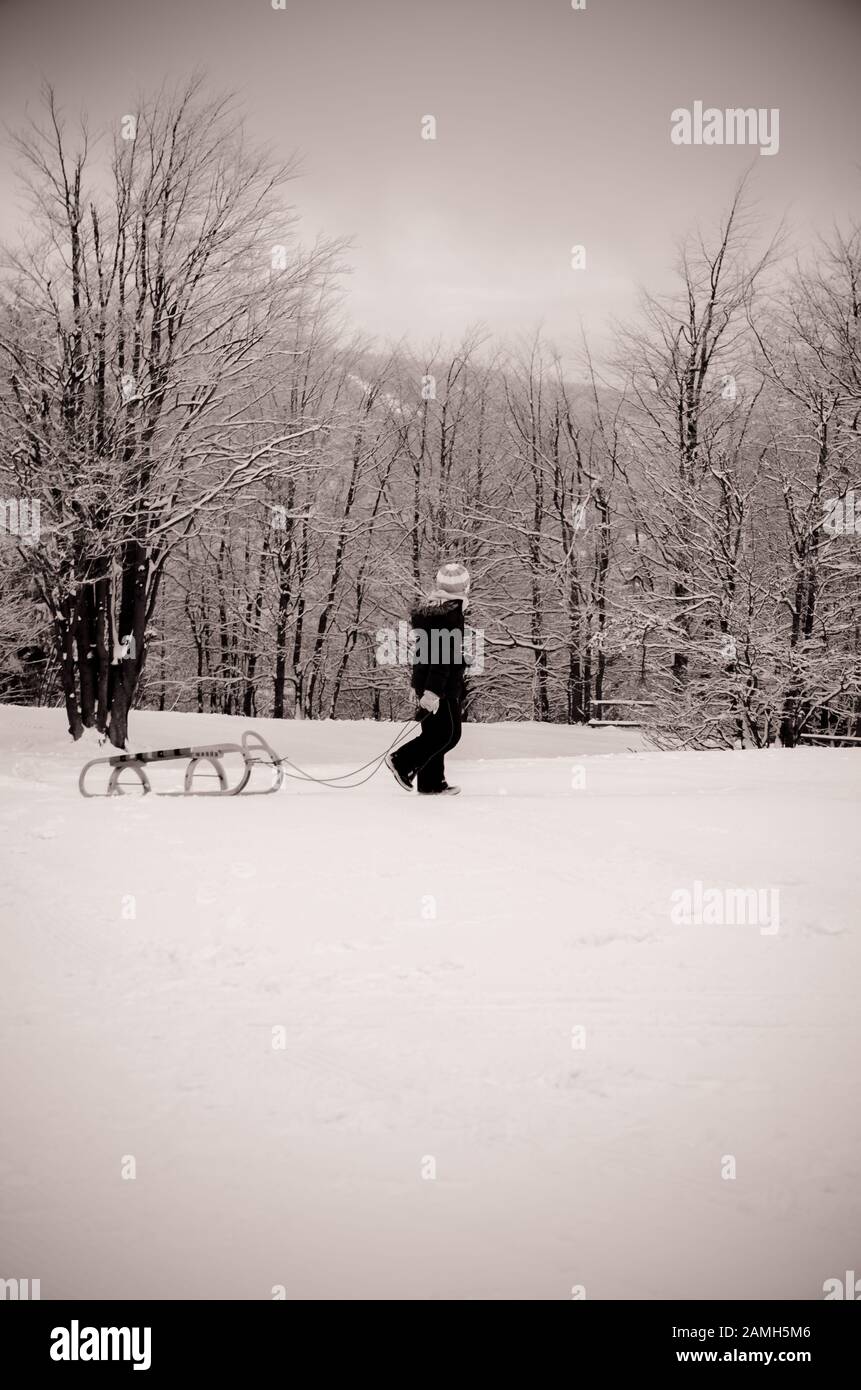 bambina con slitta nella foresta invernale con molta neve Foto Stock