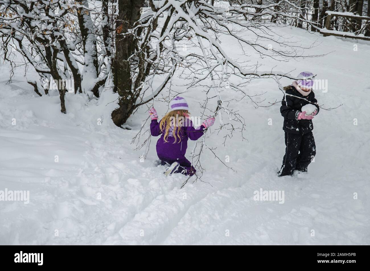 due belle bambine che giocano con palle di neve nella foresta invernale Foto Stock
