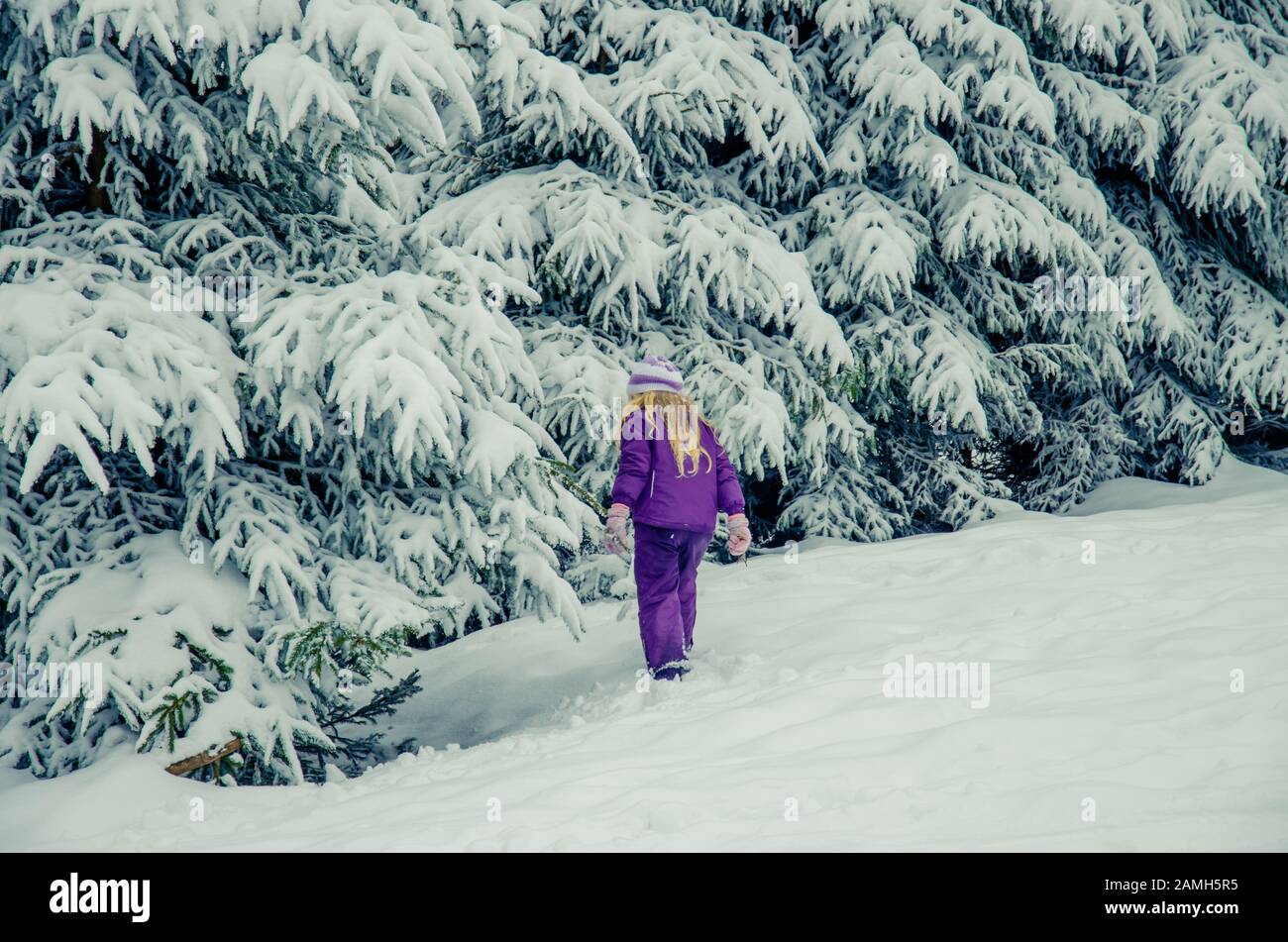 primo piano ritratto di bella bambina sotto l'albero coperto di neve in magia wintertime natura Foto Stock