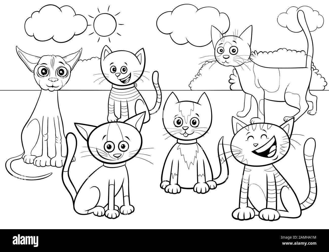 Contenitore bianco e nero Illustrazione di gatti e Kittens Comic Animal Group nella pagina del Libro Da Colorare del Parco Illustrazione Vettoriale