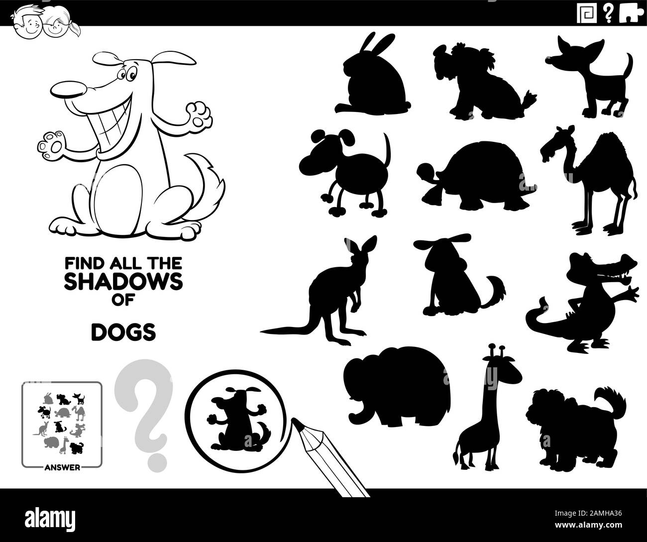 Nero E Bianco Cartoon Illustrazione Di Trovare Tutte Le Ombre Dei Cani Gioco Educativo Per Bambini Colorazione Libro Illustrazione Vettoriale