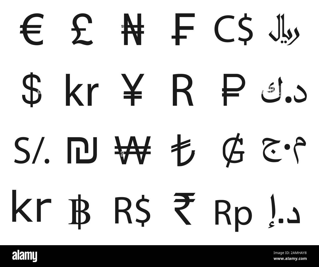 Simbolo della valuta, insieme di icone. Illustrazione vettoriale, design piatto. Illustrazione Vettoriale