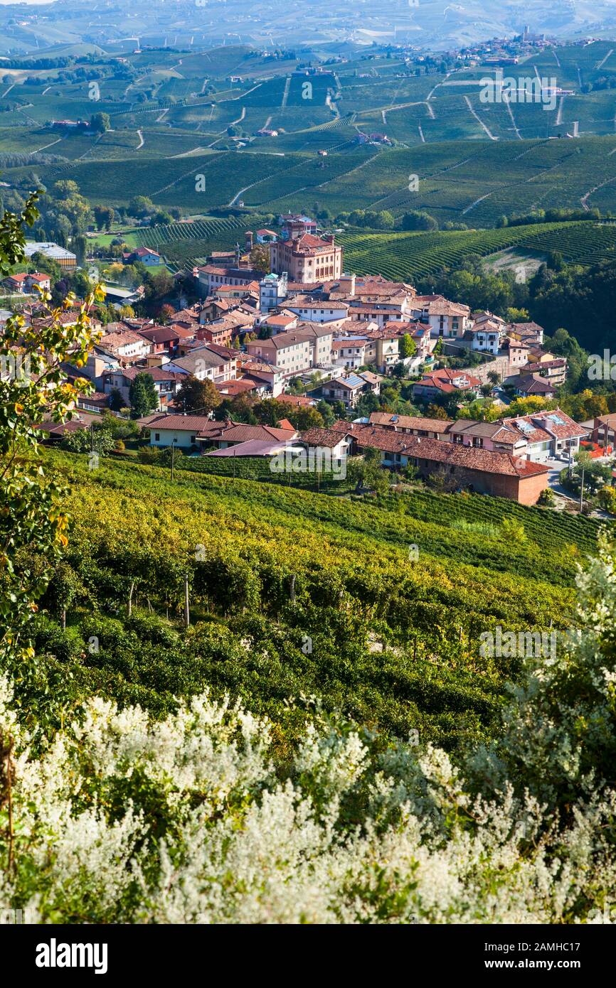 Città del vino italiano di Barolo, Langhe, Italia Foto Stock