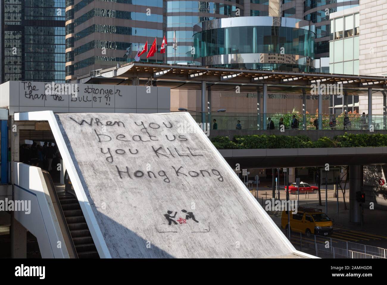 Protesta di Hong Kong 2019; graffiti sull'isola di Hong Kong a seguito delle proteste di Hong Kong e delle sconvolgimenti civili, Hong Kong Asia Foto Stock