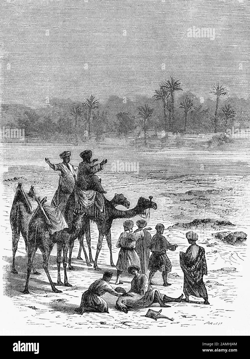 I viaggiatori arabi che guardano un miraggio del deserto, un fenomeno ottico naturale in cui i raggi di luce si piegano via rifrazione per produrre un'immagine spostata di oggetti distanti o del cielo Foto Stock