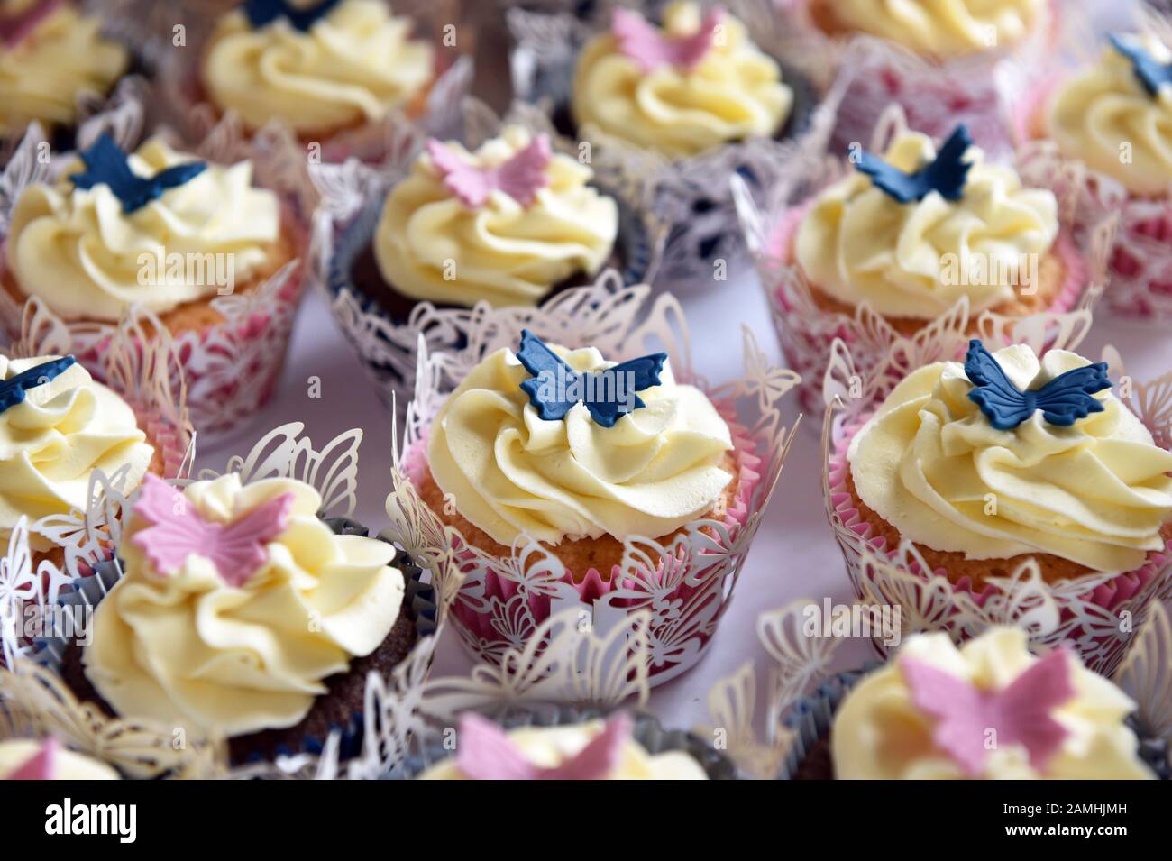 Graziose tortine rosa e al cioccolato decorate con farfalle di zucchero Foto Stock