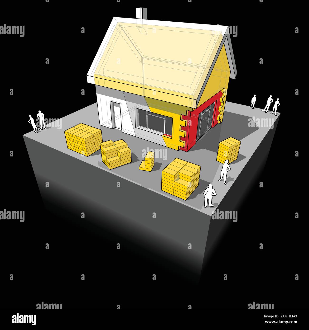 Schema di una casa unifamiliare con ulteriore parete e isolamento del tetto Illustrazione Vettoriale