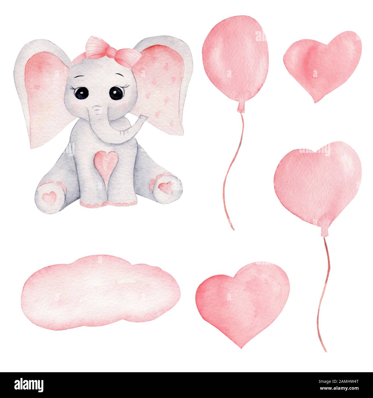 Baby elefante e palloncini rosa disegni a mano watercolor illustrazioni  set. Piccolo vitello grigio elefante con grandi orecchie rosa e prua. Pesca  acquarelle infantile Foto stock - Alamy
