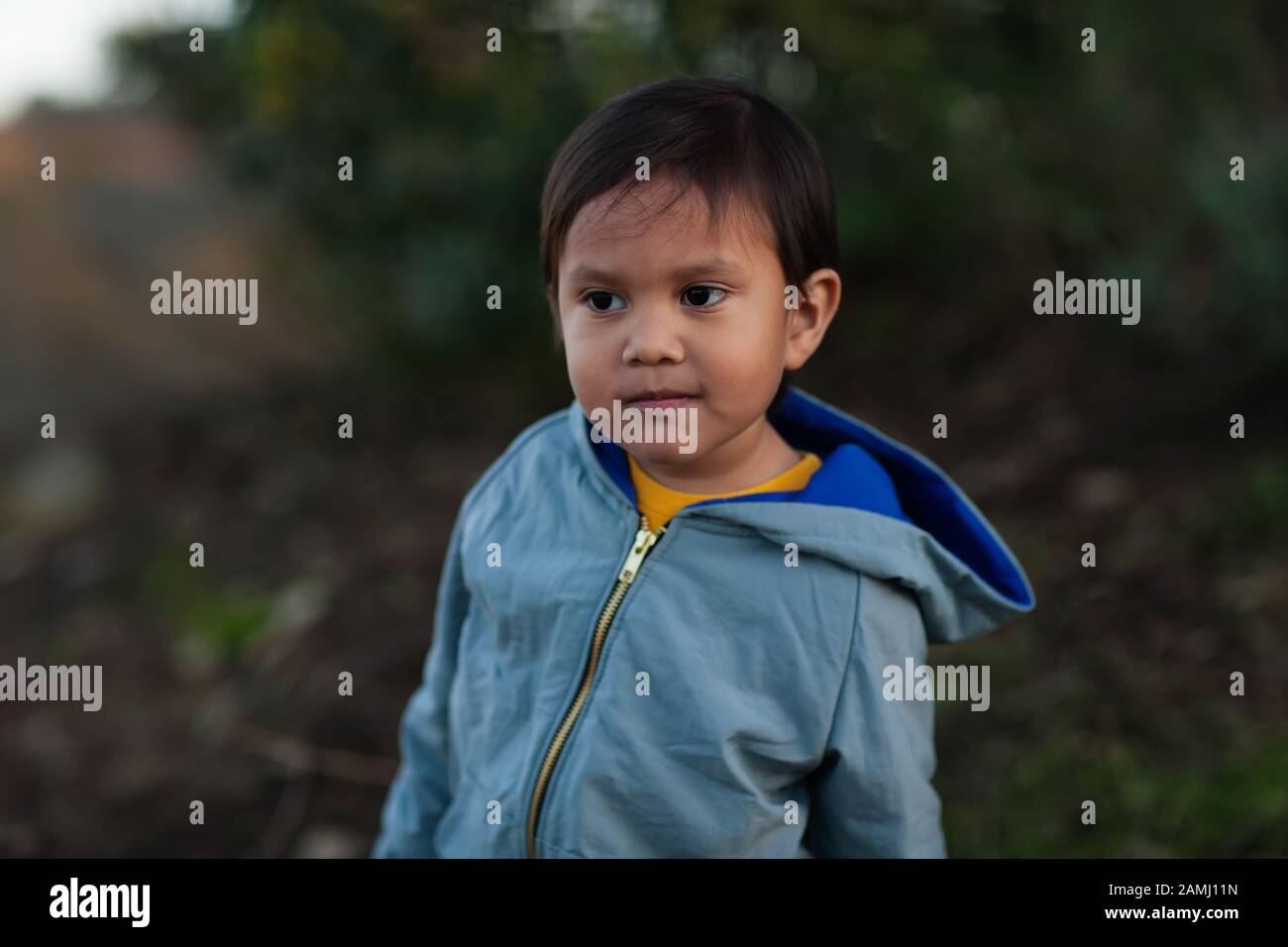 Un ragazzino che indossa una giacca con cappuccio e con un'espressione curiosa del viso durante un sentiero escursionistico. Foto Stock