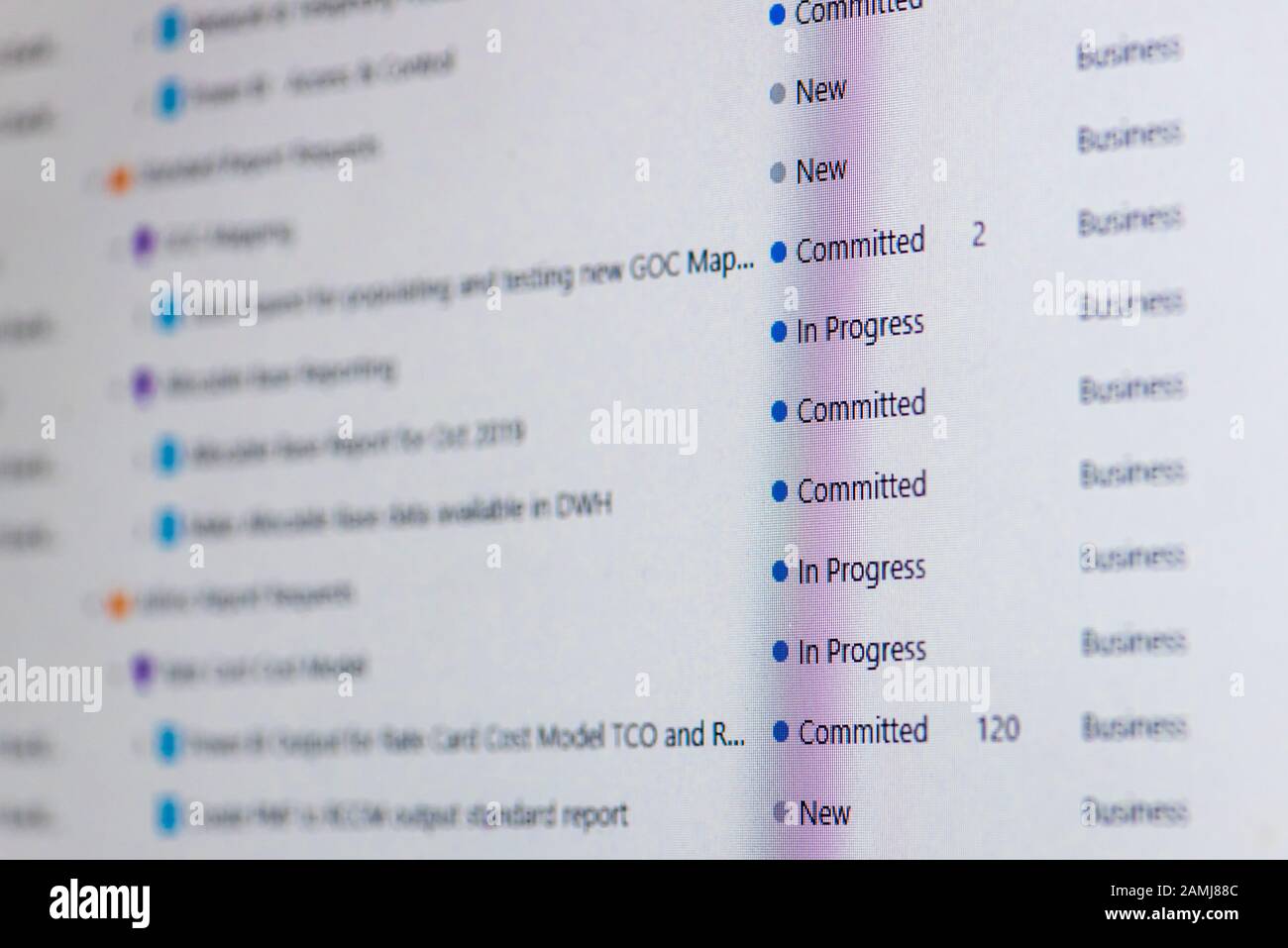 Pipeline di lavoro in un backlog di un progetto Agile, registrato in Team Foundation Server (TFS) di Microsoft utilizzato per la gestione dei progetti Foto Stock