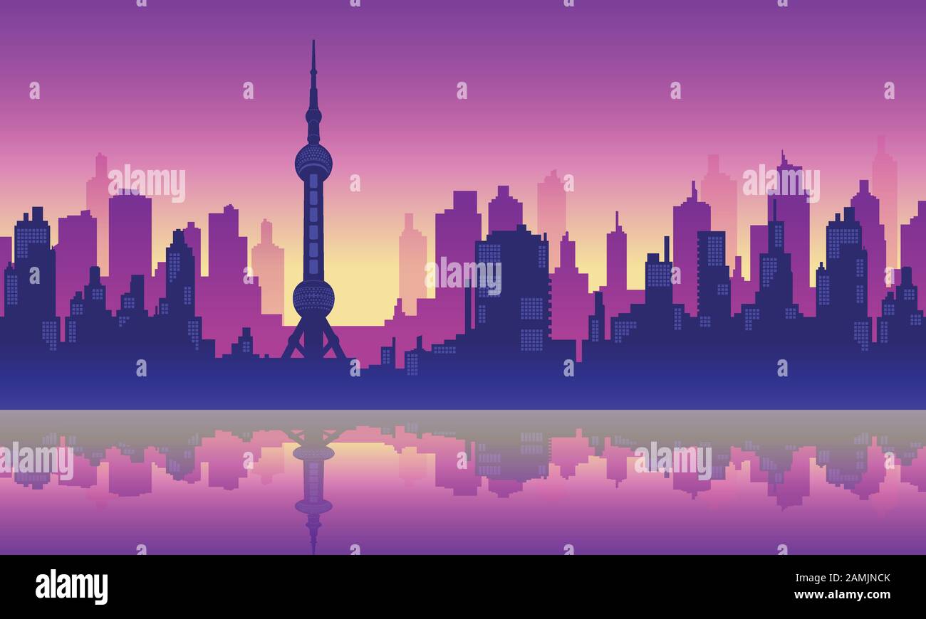 Vettore Città Silhouette Di Oriental Pearl Tower Shanghai Illustrazione Vettoriale