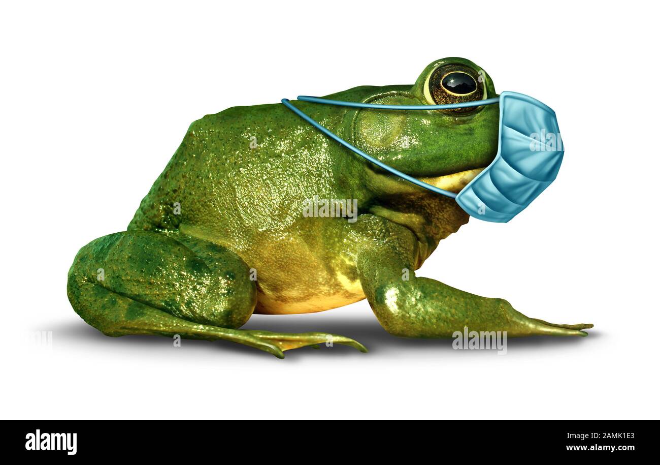 Protezione degli animali e benessere della fauna selvatica come rana che indossa una maschera medica per proteggere gli animali dalla protezione ambientale in uno stile di illustrazione 3D. Foto Stock