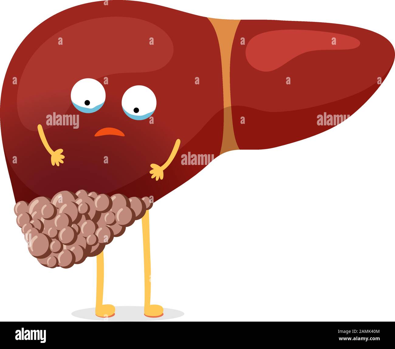 Malato personaggio del fegato cartoon malato soffre di cancro e dolore sofferente. Concetto di distruzione del tumore dell'organo della ghiandola esocrina umana. Illustrazione mascotte vettoriale Illustrazione Vettoriale
