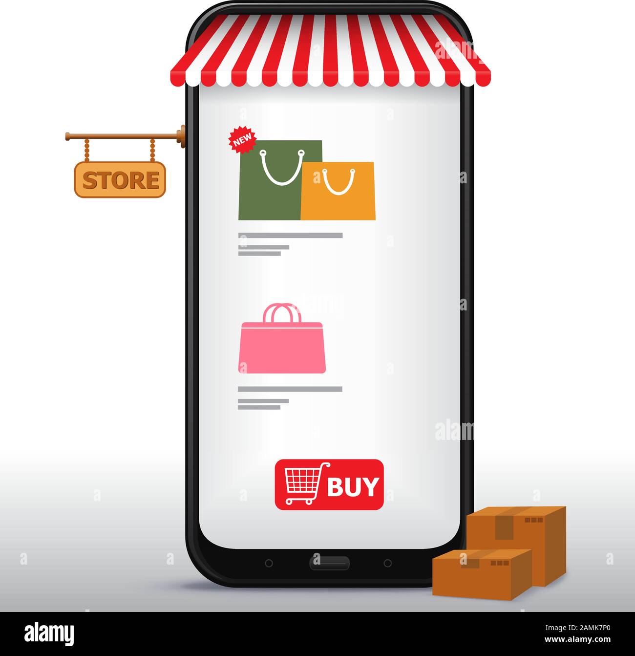 Acquisti Online Su Mobile Phone E Application Vector Illustration. E-Commerce e Digital Marketing Concept. Illustrazione Vettoriale