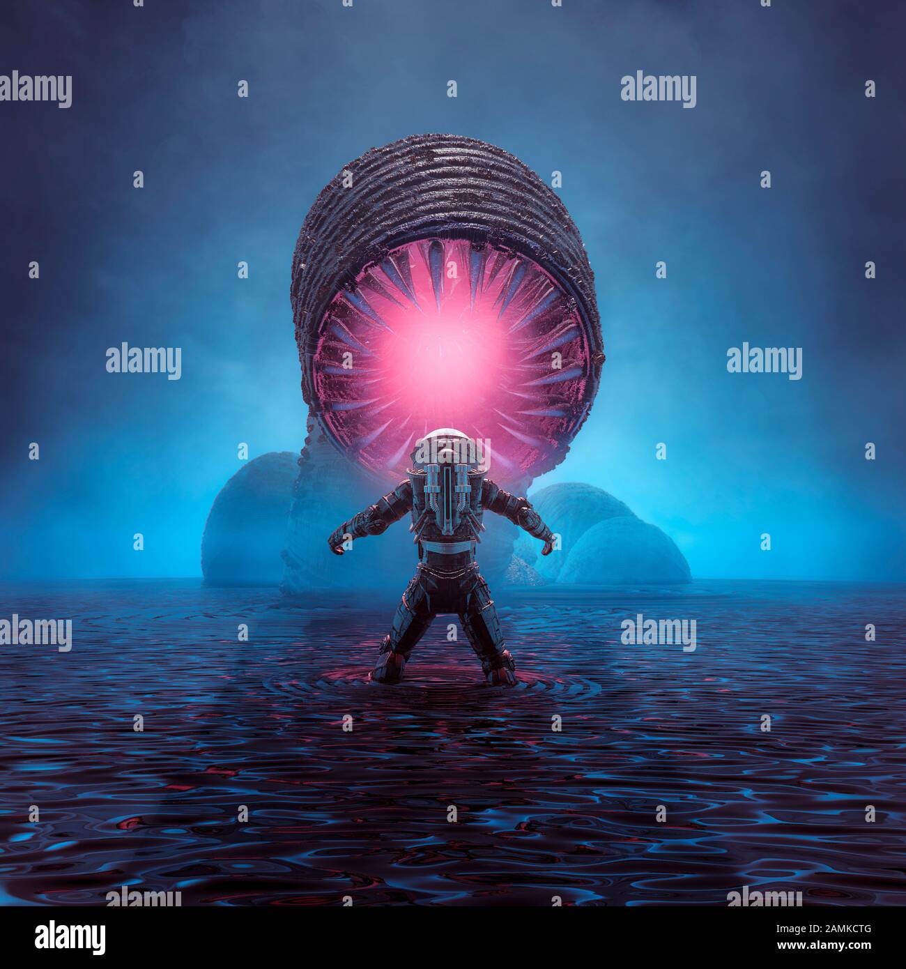 Tana del mostro / 3D illustrazione di retro science fiction scena mostrando astronauta incontrando giant alien worm creatura sul pianeta acqua Foto Stock