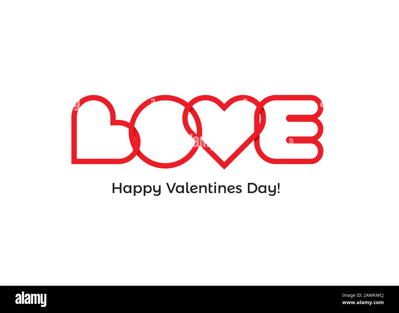 Sagoma del logo di testo del contorno, contorno di lettere rosse del cuore, lettere lineari del cuore per l'illustrazione vettoriale del biglietto d'auguri del giorno dei San Valentino. Illustrazione Vettoriale