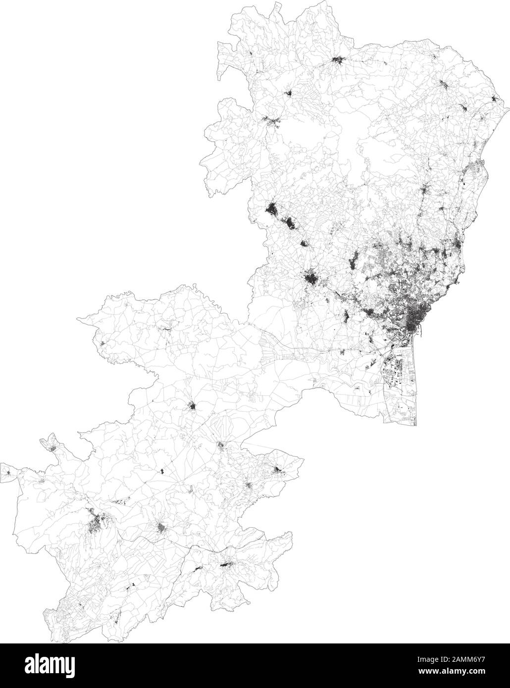Mappa satellitare della provincia di Catania città e strade, edifici e strade di collegamento delle aree circostanti. Regione Sicilia, Italia. Sicilia. Mappa strade Illustrazione Vettoriale