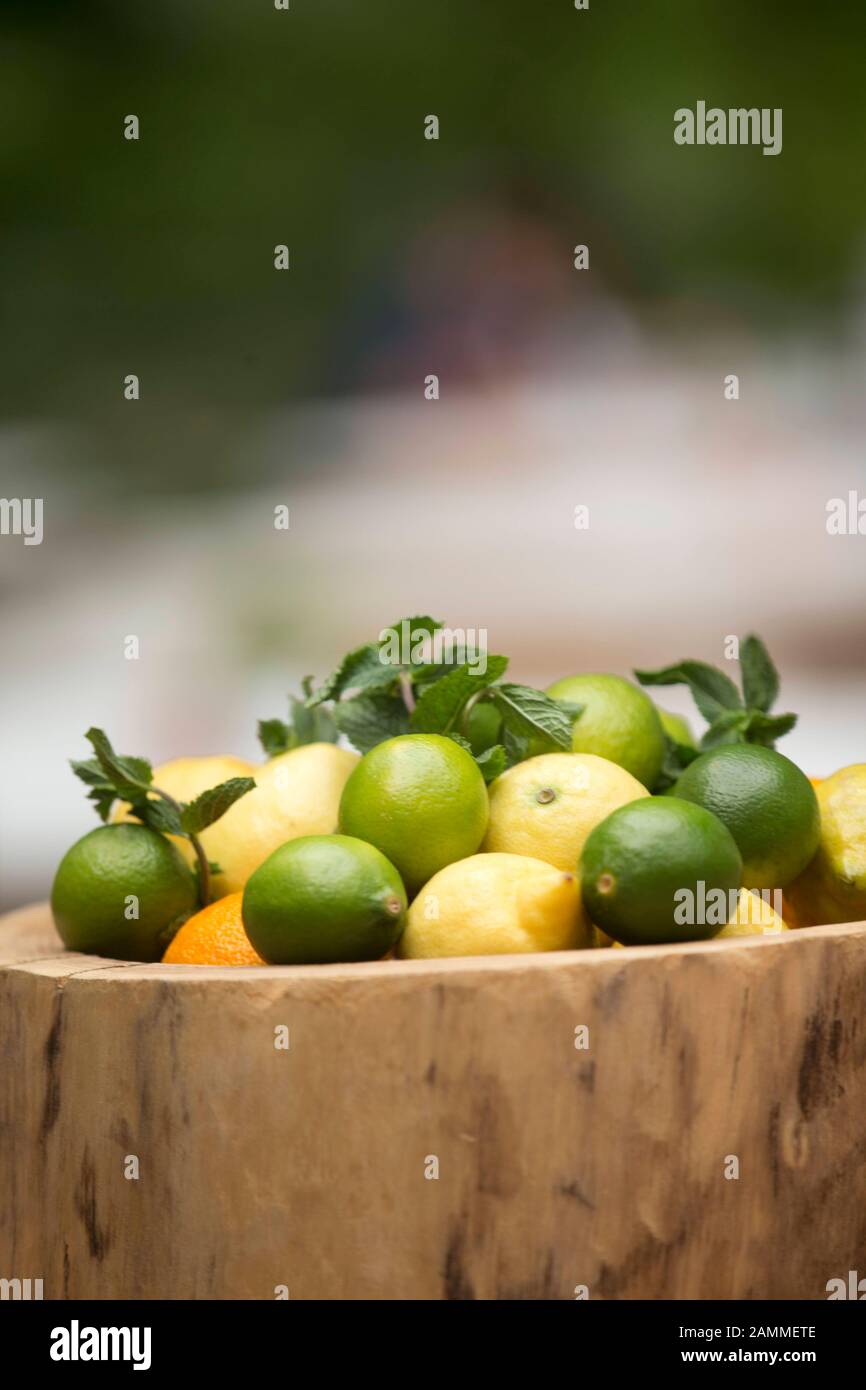 Ciotola con limoni e limes nel ristorante sulla spiaggia 'Bora Bech' sul Praterinsel. [traduzione automatizzata] Foto Stock