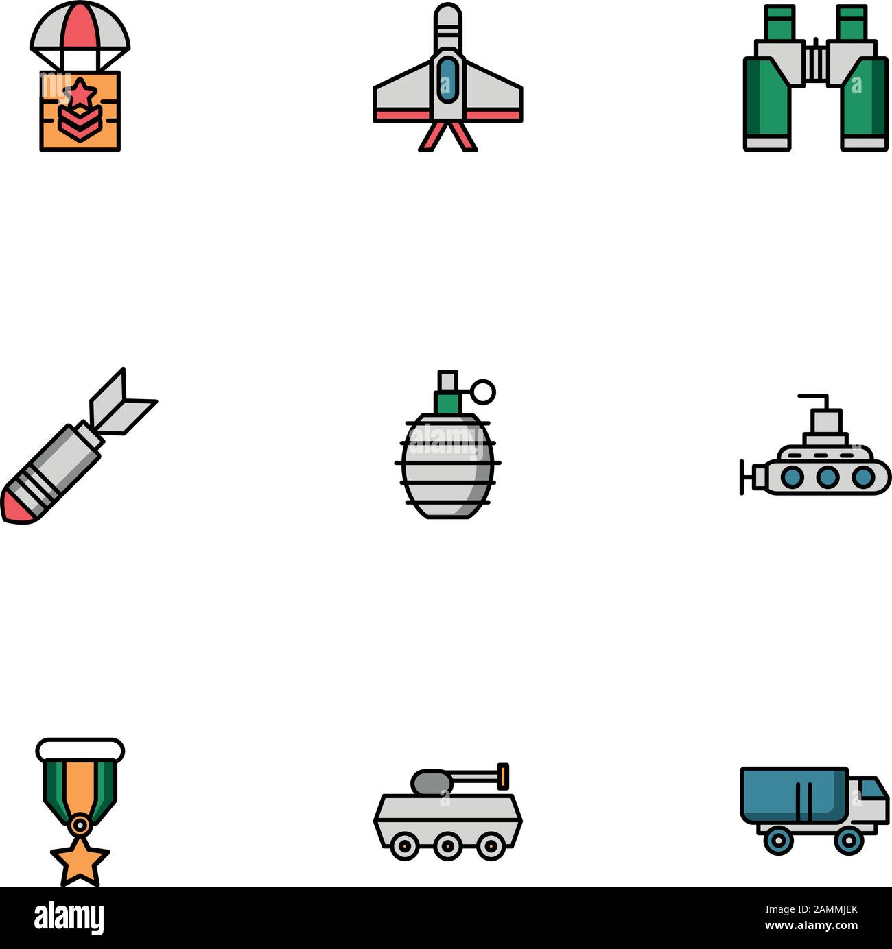 fascio di icone di set militari Illustrazione Vettoriale