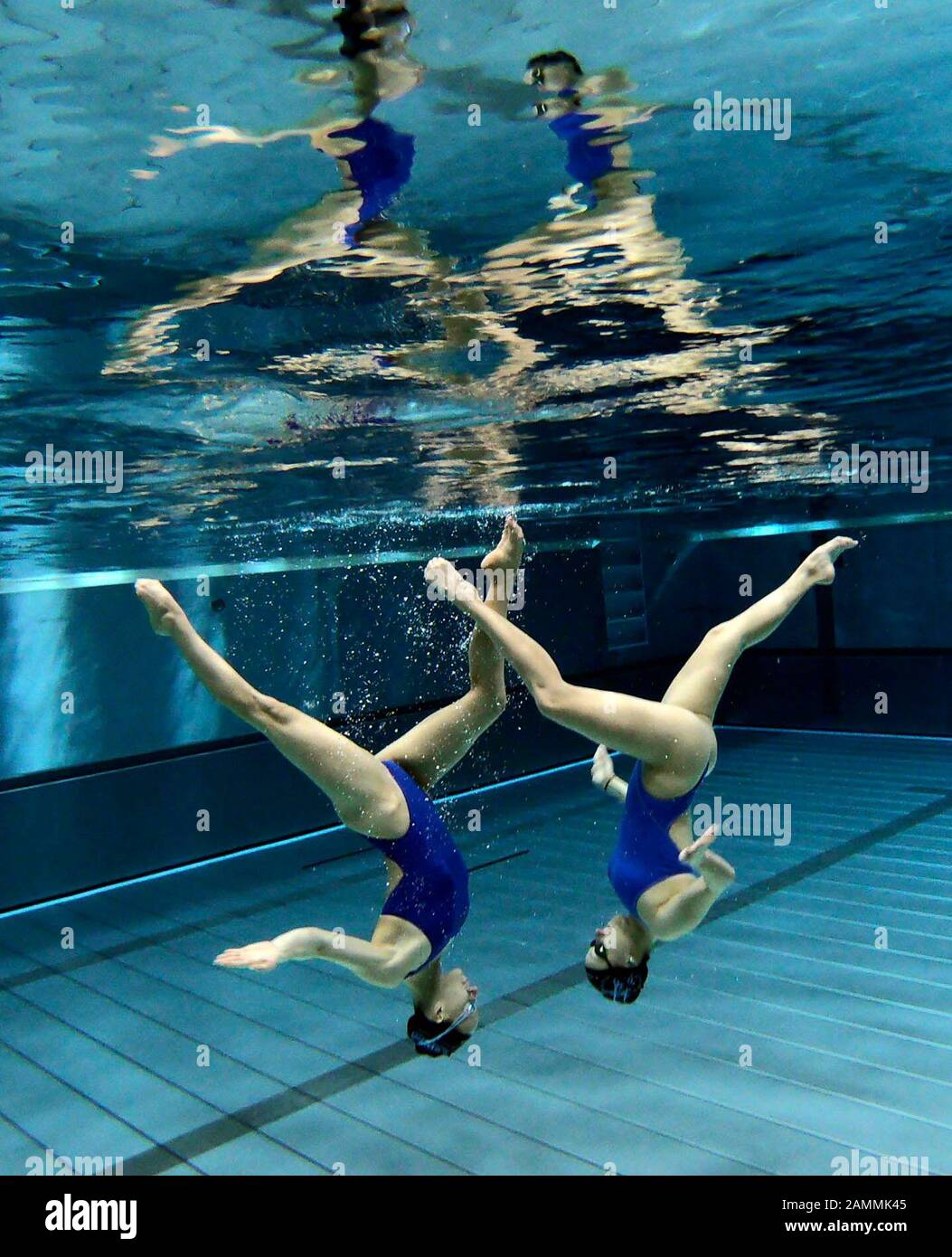 Il duo di nuoto sincronizzato Marlene Bojer e Daniela Reinhardt della SG Stadtwerke München durante l'allenamento di nuoto sincronizzato con l'ex campione del mondo ed europeo Virginie Dedieu dalla Francia (non nella foto) nella piscina interna di Olympia. [traduzione automatizzata] Foto Stock