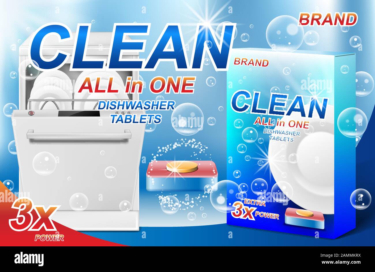 Sapone per lavastoviglie ADS. Imballaggio realistico in plastica per lavastoviglie con design detergente. Tablet per lavastoviglie. illustrazione del vettore 3d Illustrazione Vettoriale