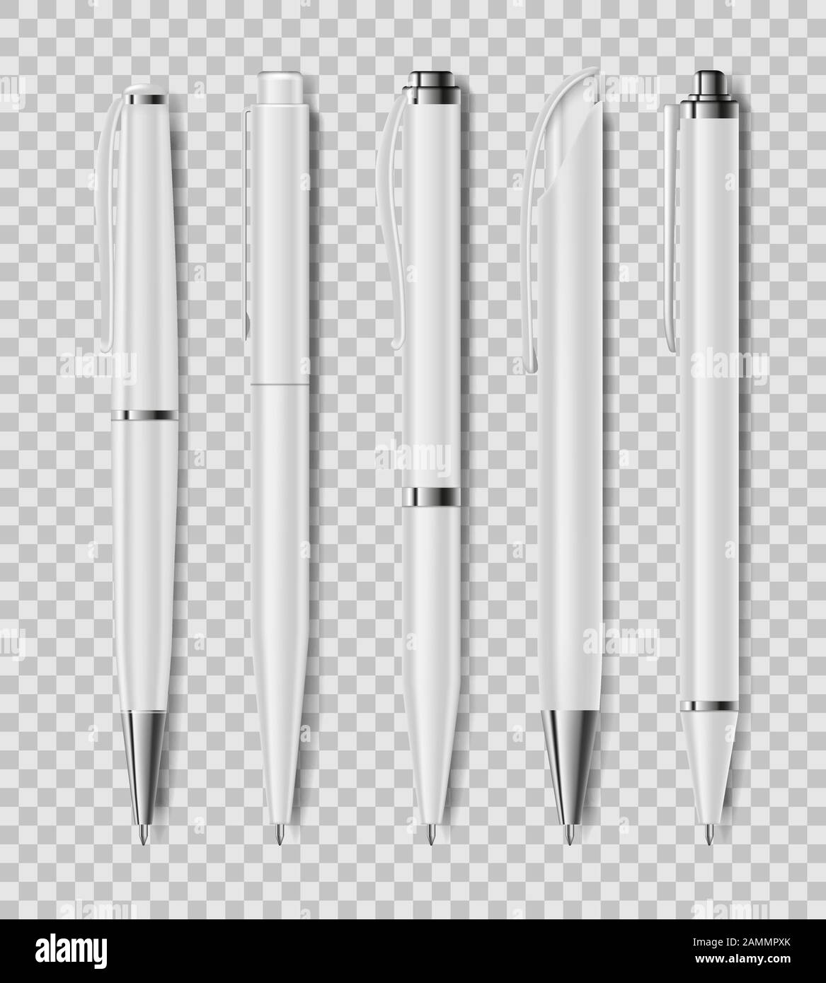 Set di penne bianche da ufficio isolate su sfondo trasparente. Cancelleria da ufficio, penna realistica. Illustrazione del vettore Illustrazione Vettoriale
