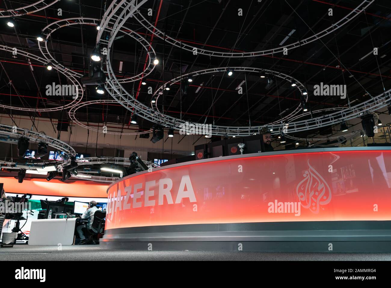 La sala stampa di Al Jazeera canale TV inglese, Doha, Qatar Foto Stock