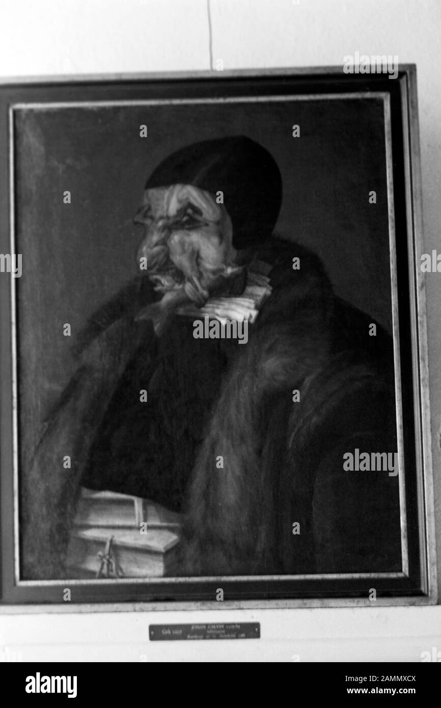 Karikatur von Reformator Johannes Calvin gemalt von Giuseppe Arcimboldo , Schloss Gripsholm, bei Stockholm, Schweden, 1969. Caricatura del riformatore Johannes Calvin dipinto da Giuseppe Arcimboldo, Castello di Gripsholm, nei pressi di Stoccolma, Svezia, 1969. Foto Stock