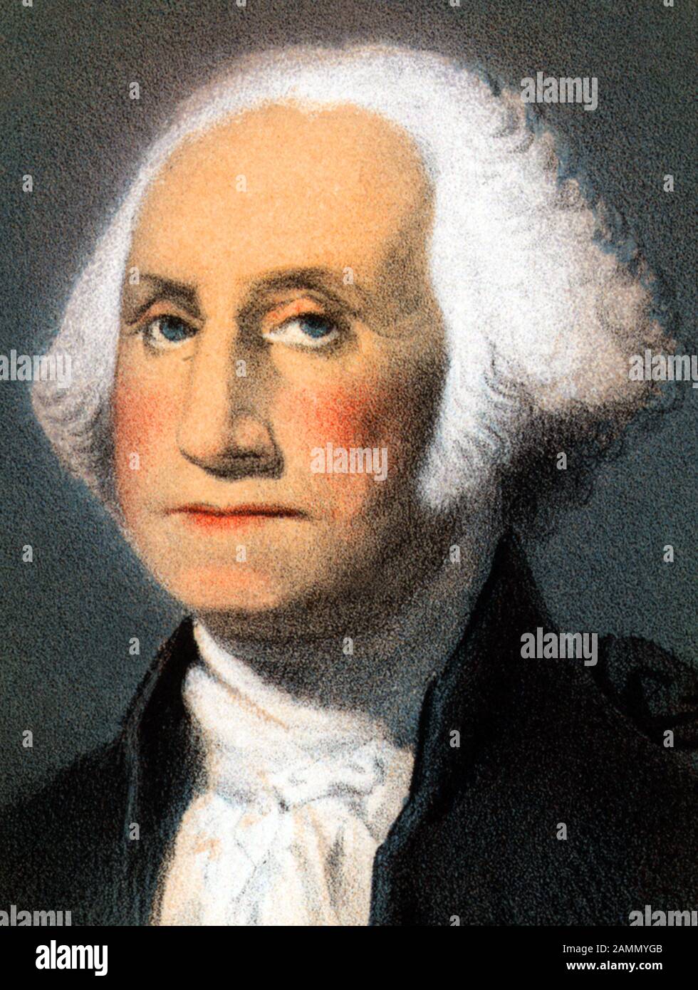 Ritratto d'epoca di George Washington (1732 - 1799) – Comandante dell'esercito continentale nella guerra rivoluzionaria americana / Guerra d'indipendenza (1775 - 1783) e il primo presidente degli Stati Uniti (1789 - 1797). Dettaglio da una stampa circa 1870 da Strobridge & Co di Cincinnati. Foto Stock