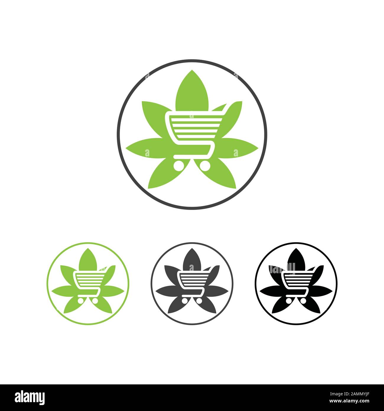 Carrello con marijuana o icona foglie di cannabis isolato su sfondo bianco. Acquisto online. Servizio di consegna. Cestino supermercato. Temp. Design logo Illustrazione Vettoriale