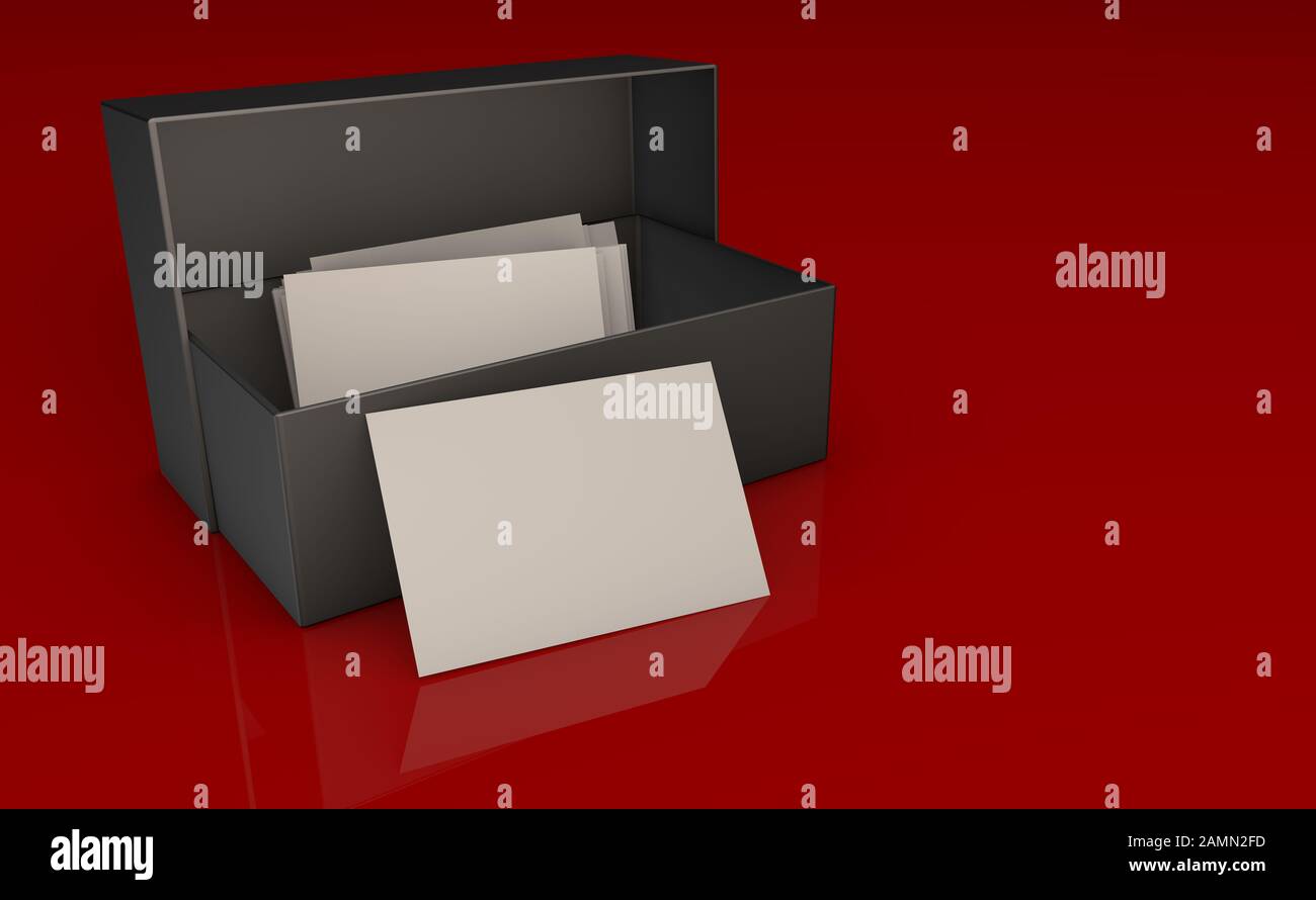 3D rendering della scatola con le schede aziendali su vetro rosso sfondo Foto Stock